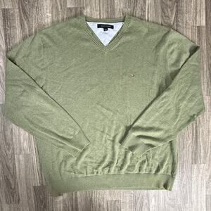 Tommy Hilfiger XL Green V-Neck Sweater Cotton Knit Pullover Flag Logo Classic